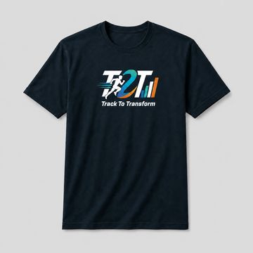 Black T-shirt with 'T2T Track To Transform' logo in white, blue, and orange.