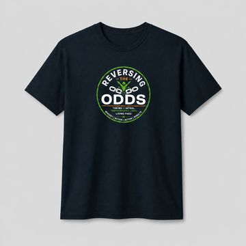 Black t-shirt with a circular graphic reading 'Reversing the Odds' and motivational text.