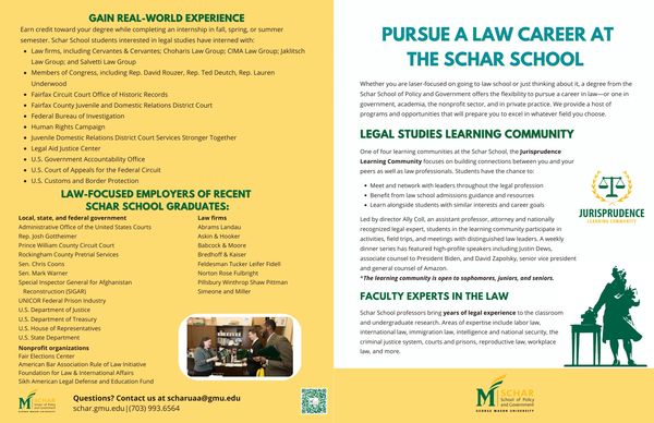 Recruitment brochure to promote the Undergraduate Pre-Law opportunities at the Schar School. 