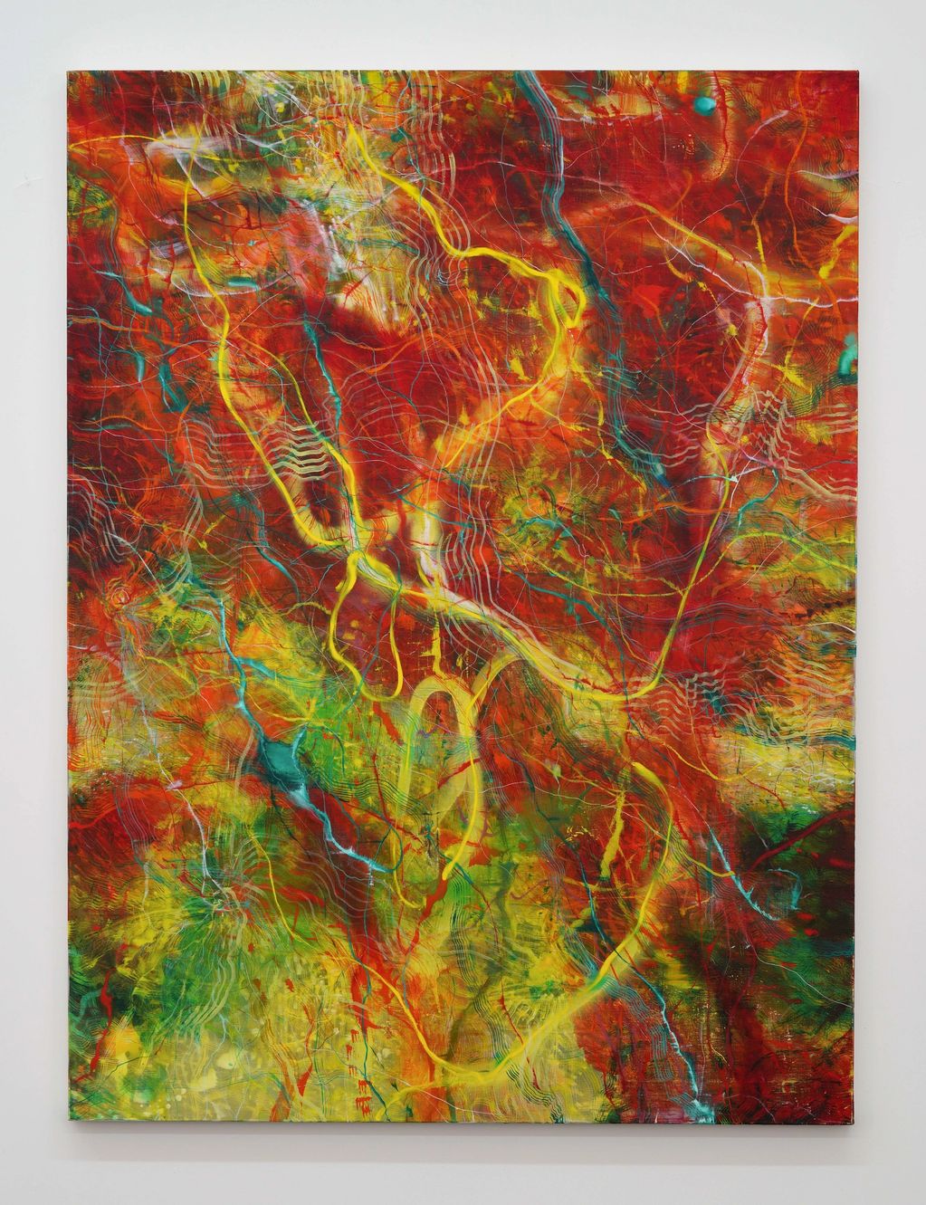 Abstract painting with vibrant colors and swirling patterns.