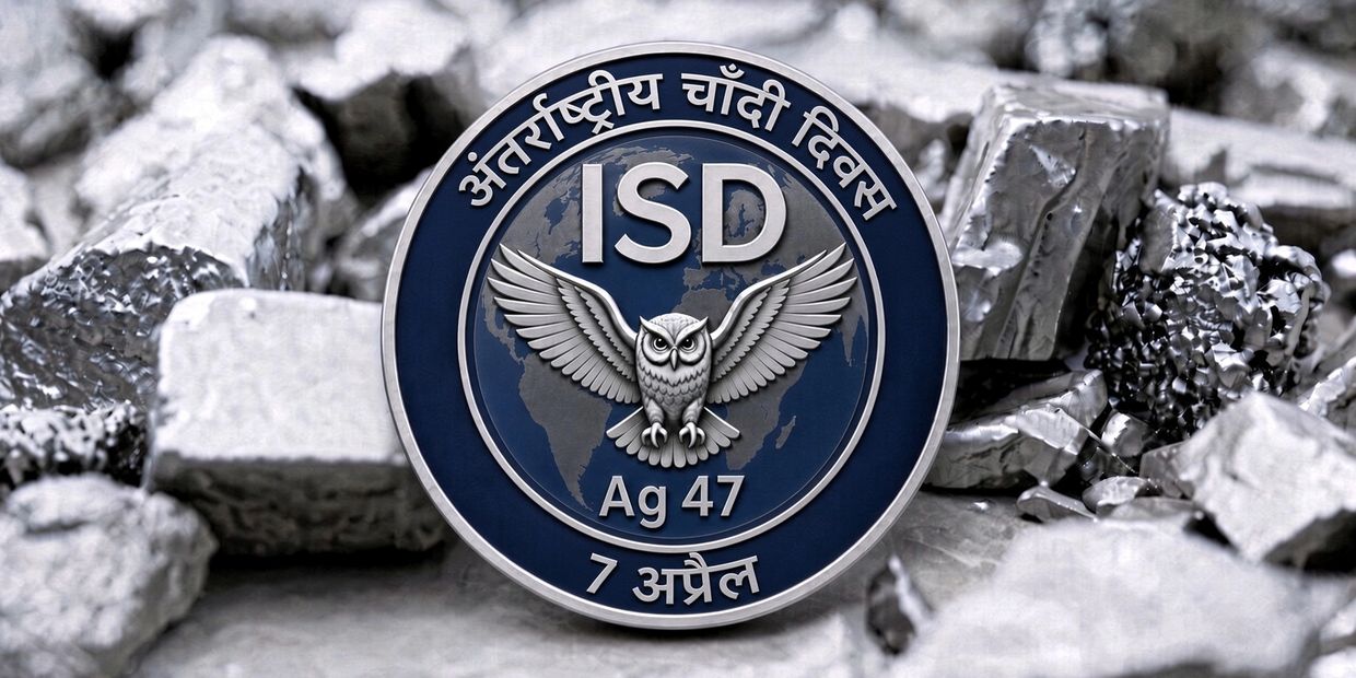 अंतरराष्ट्रीय चाँदी दिवस का लोगो चाँदी की छड़ियों के बीच।