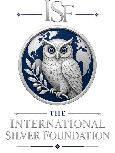 Logo of The International Silver Foundation featuring an owl and a globe.