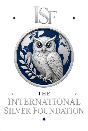 Logo of The International Silver Foundation featuring an owl and world map.