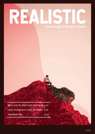 Magazine cover titled 'REALISTIC' about overcoming fears with health tips.