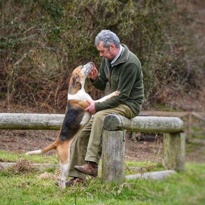 Man affectionately interacting with his dog outdoors.