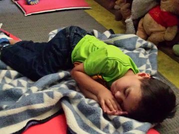 A young boy sleeps curled up on a blanket in a cozy playroom filled with stuffed animals.