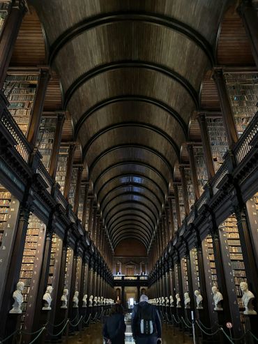 Grand library interior with arched ceiling and bust statues lining the aisle.