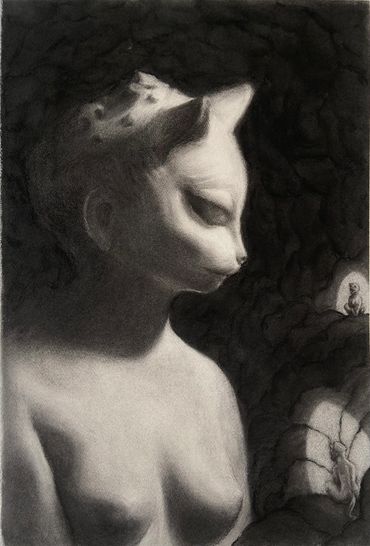 Surreal charcoal drawing of a humanoid cat statue in a cave.