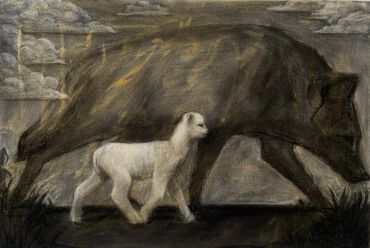 Painting of a pig and a lamb walking together.
