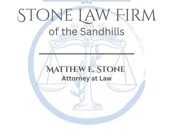 Logo of Stone Law Firm featuring scales of justice and attorney name.