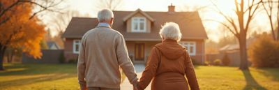 Elderly couple holding hands, walking toward their home at sunset.