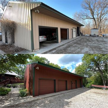Full shop repaint including doors, trim, siding, soffits, and facia