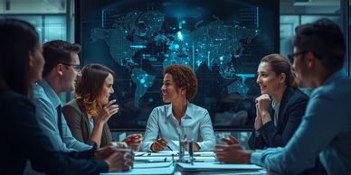 A diverse team discussing global strategies in a modern conference room.