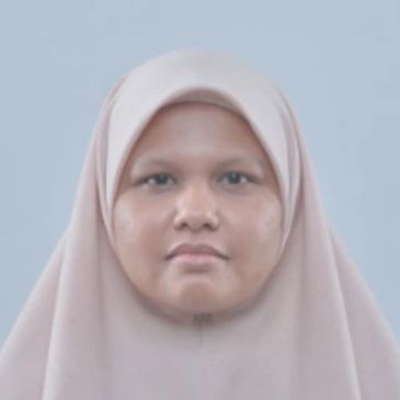 Portrait of a woman wearing a beige hijab against a plain background.
