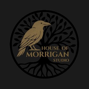 Logo - Silhouette of the Tree of Life with a circle around it. A Raven and HOUSE OF MORRIGAN STUDIO