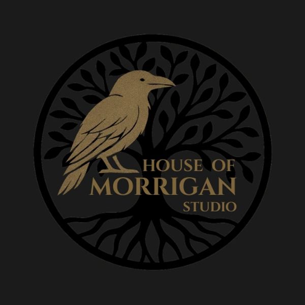 Logo - Silhouette of the Tree of Life with a circle around it. A Raven and HOUSE OF MORRIGAN STUDIO