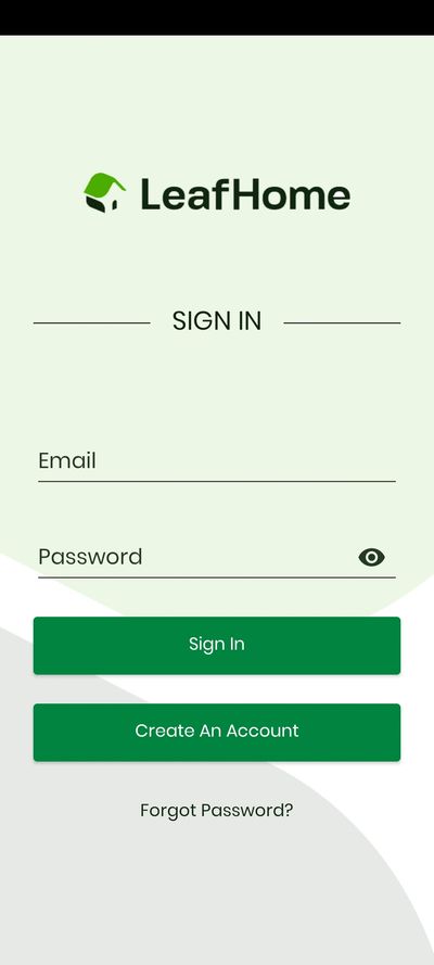 Leaf Home login screen with Create Account button