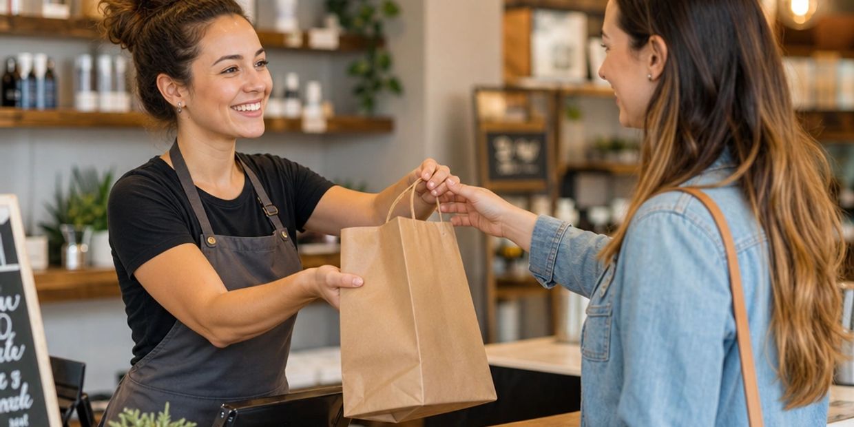 Smiling cashier handing over a paper bag to a customer.