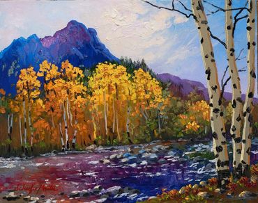 "Fall Breezes" Frisco, Colorado, Aspens by the water.  Oil by Schaefer/Miles