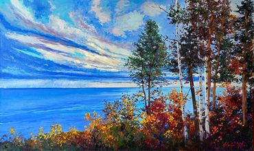 Falls Bluster is an original oil painting of the view from Eagle Bluff Lighthouse Peninsula. park.