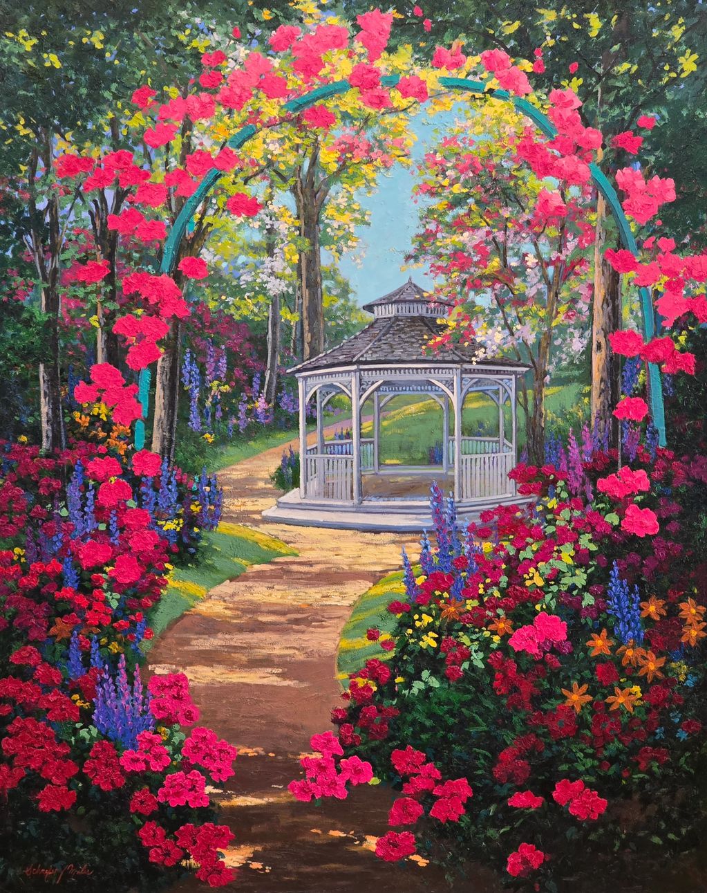 A  garden scene, a white gazebo with bright red, purple, yellow, and orange flowers. Schaefer Miles