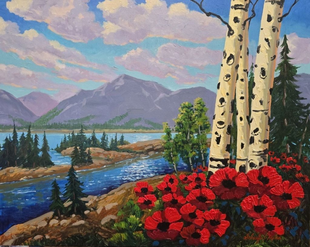 Happy Place oil painting with mountains lake and poppies.