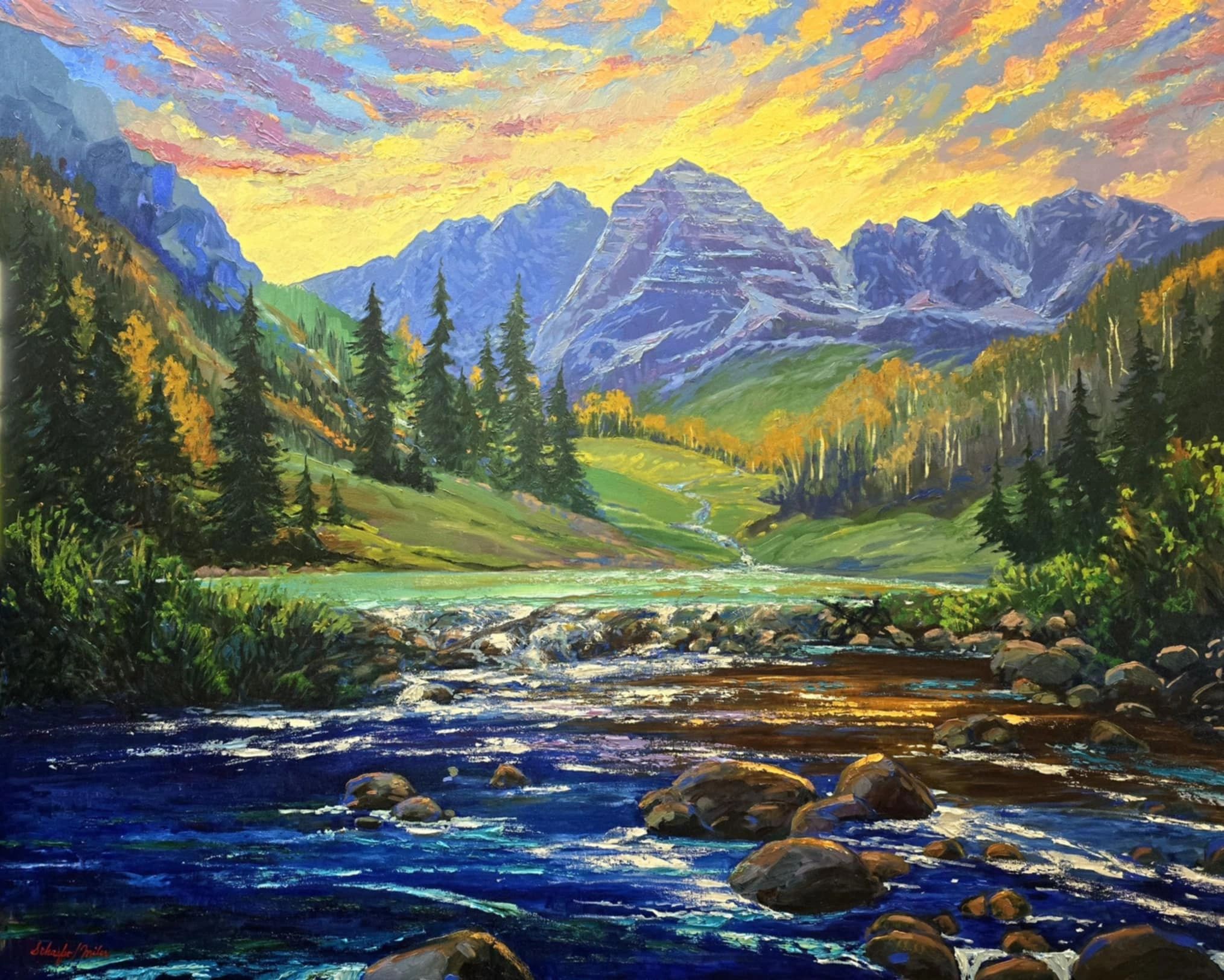 Maroon Bells Mountains with Sunset and fall colors Oil 48x60 Schaefer Miles