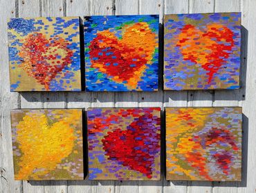 Merging Hearts Series: 10x10 Oil paintings in bright, luscious colors celebrating hearts entwined. 
