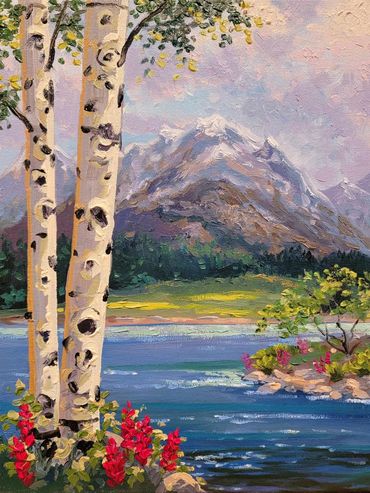 Oil Painting Schaefer/Miles Summer Mountain Lake with Wildflowers. Soft