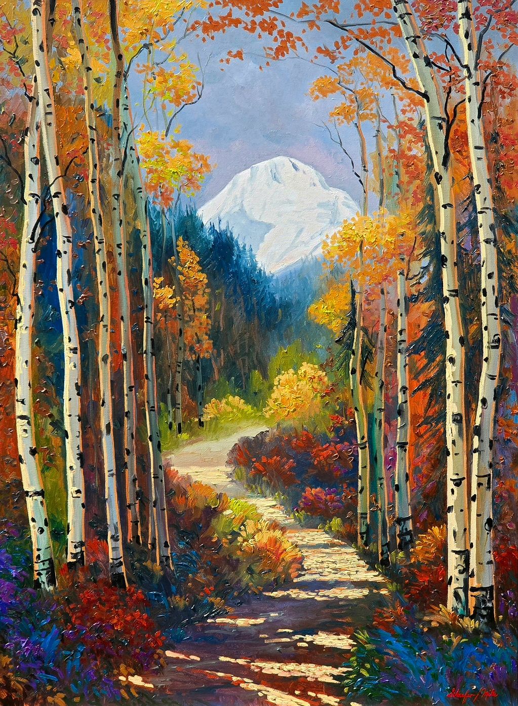  Aspen trees line both sides of the path, leaves showcasing autumn hues of yellow, orange, and red. 