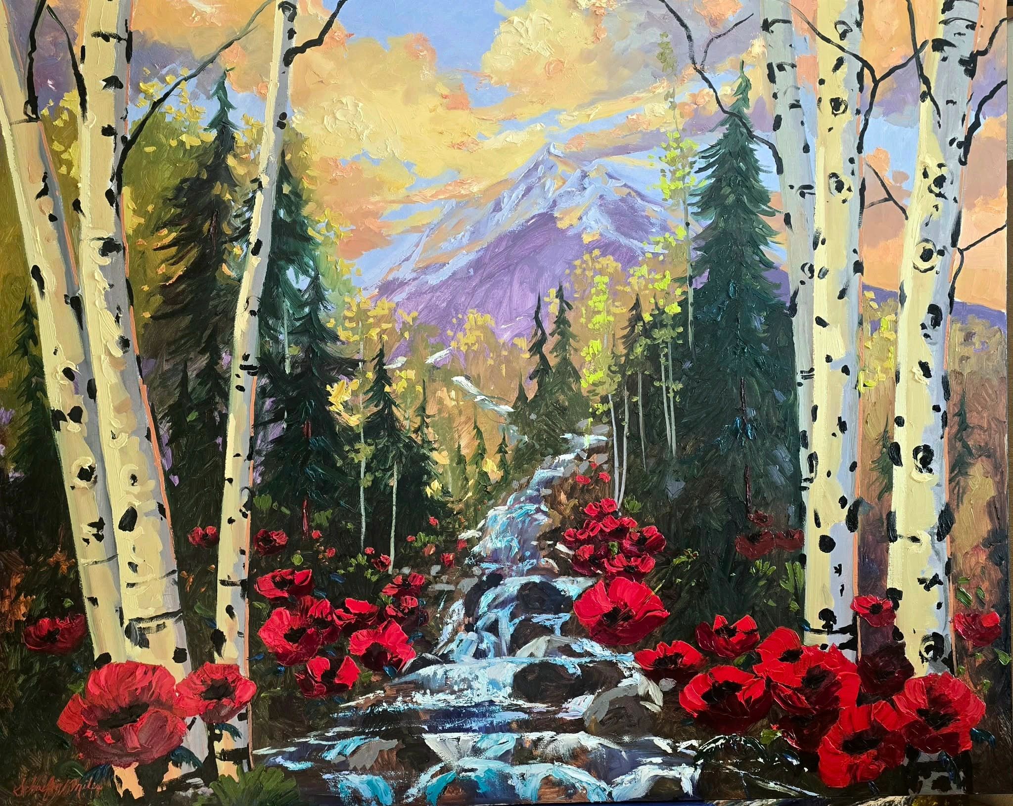 Poppies Flow Through It, a 48 by 60 oil,  mountain stream, Aspen trees, and red flowers.
