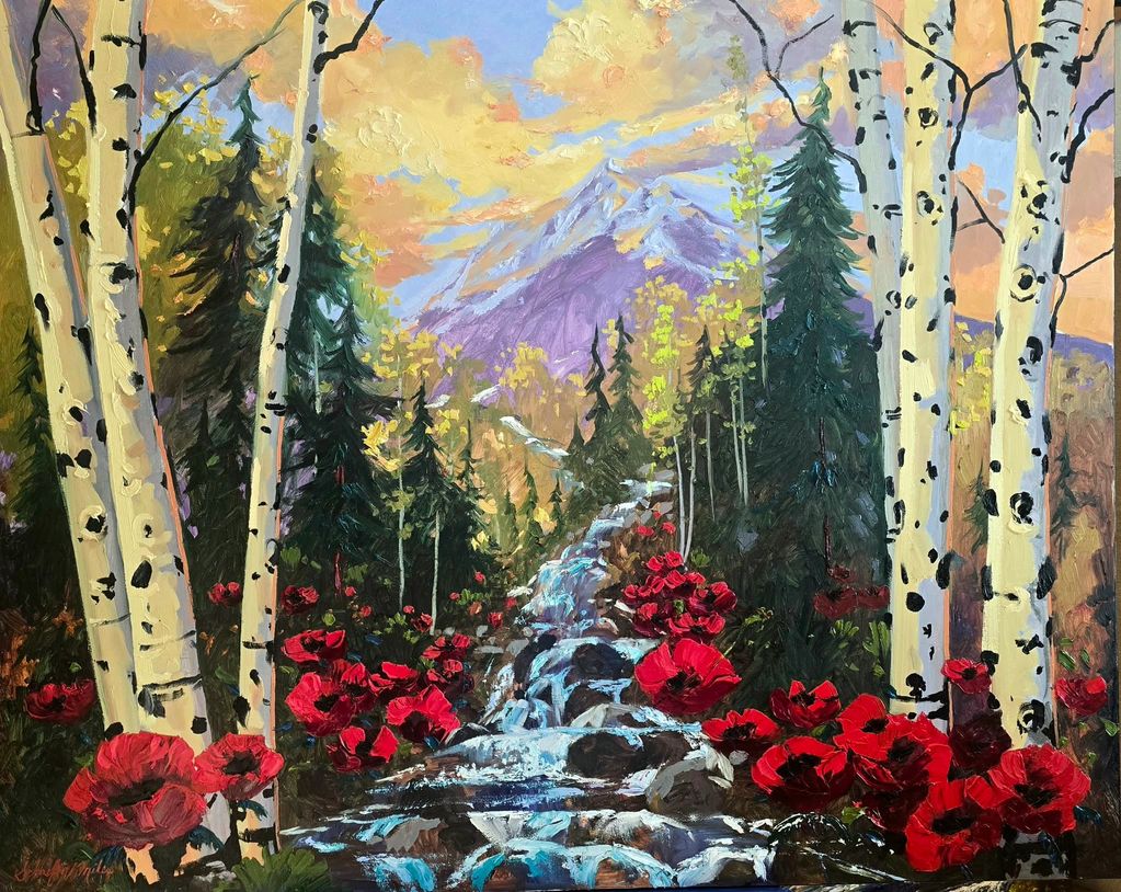 Landscape, mountain stream, forest. bright red poppies, Aspen trees. Oil SchaeferMiles