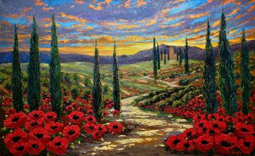Tuscany at sunset. A golden path winds   through a hillside vineyard to a villa with red poppies.