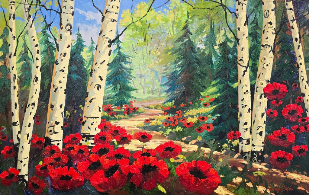 Bright red poppies line a sunlit path in a birch forest. Artists Schaefer Miles