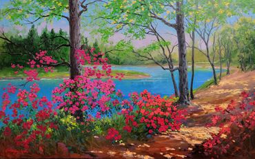 Original Oil Painting by Schaefer Miles. Sweet Love Blooms with Azaleas along a blue lake.