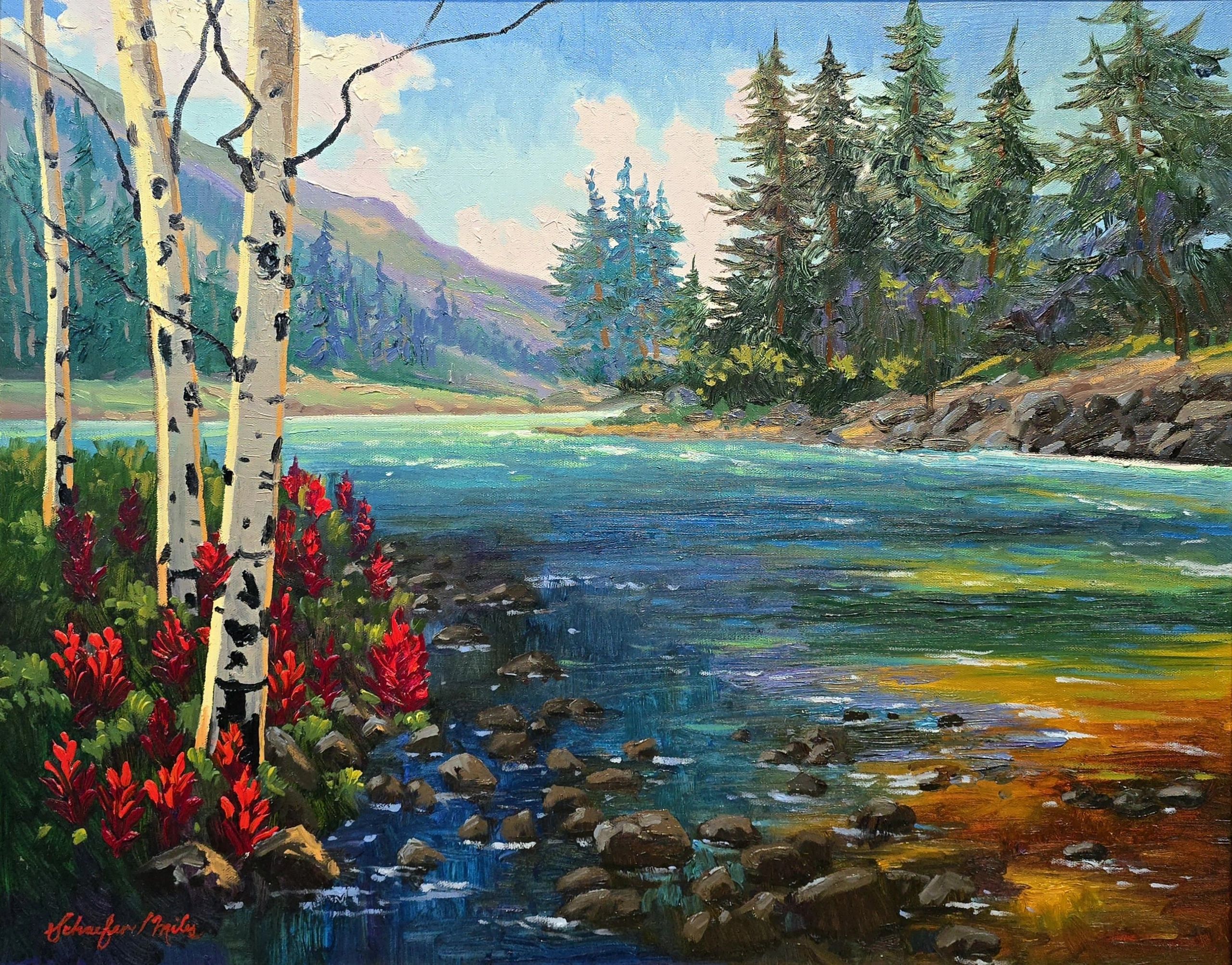Transparent Waters Original Oil by Schaefer Miles of clear water, pines, Indian Paintbrush, aspen.