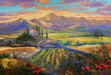 Tuscan Tapestry Original Oil Painting by Schaefer/Miles warm colors of sunset bath the Tuscan Hills.