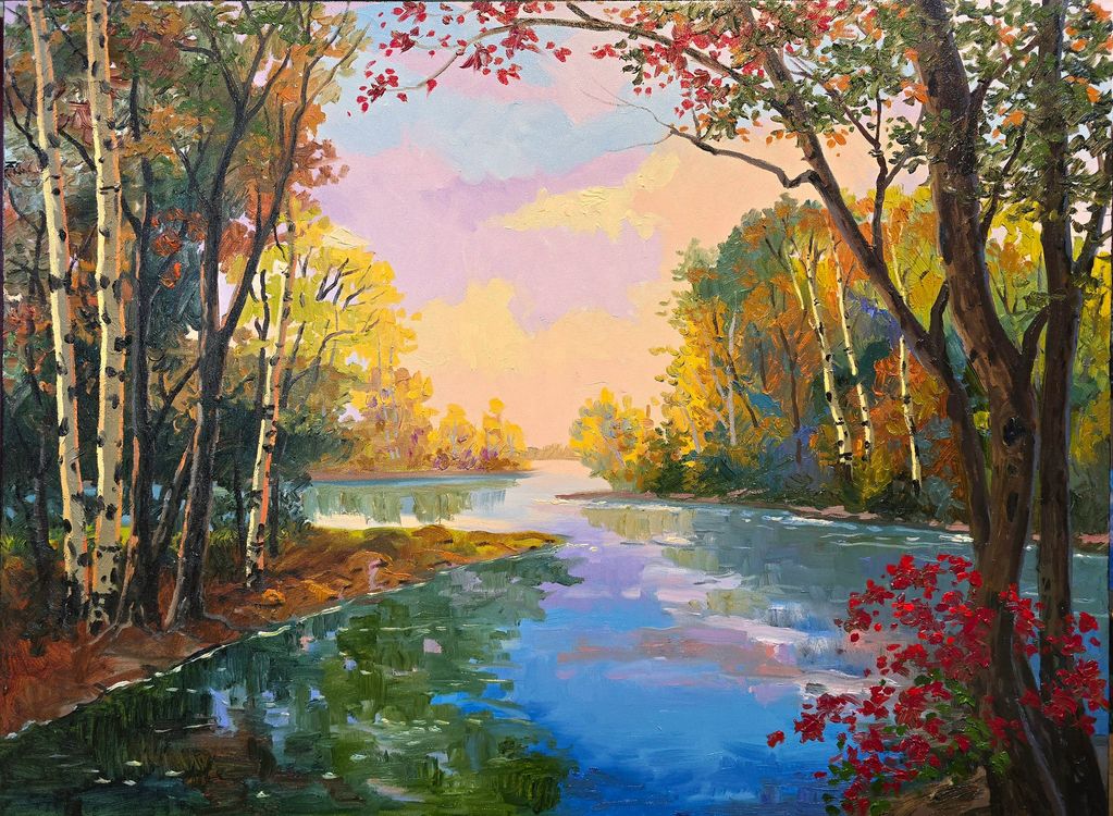 a river scene during twilight sky painted in soft  pink, purple, and yellow, by Schaefer Miles