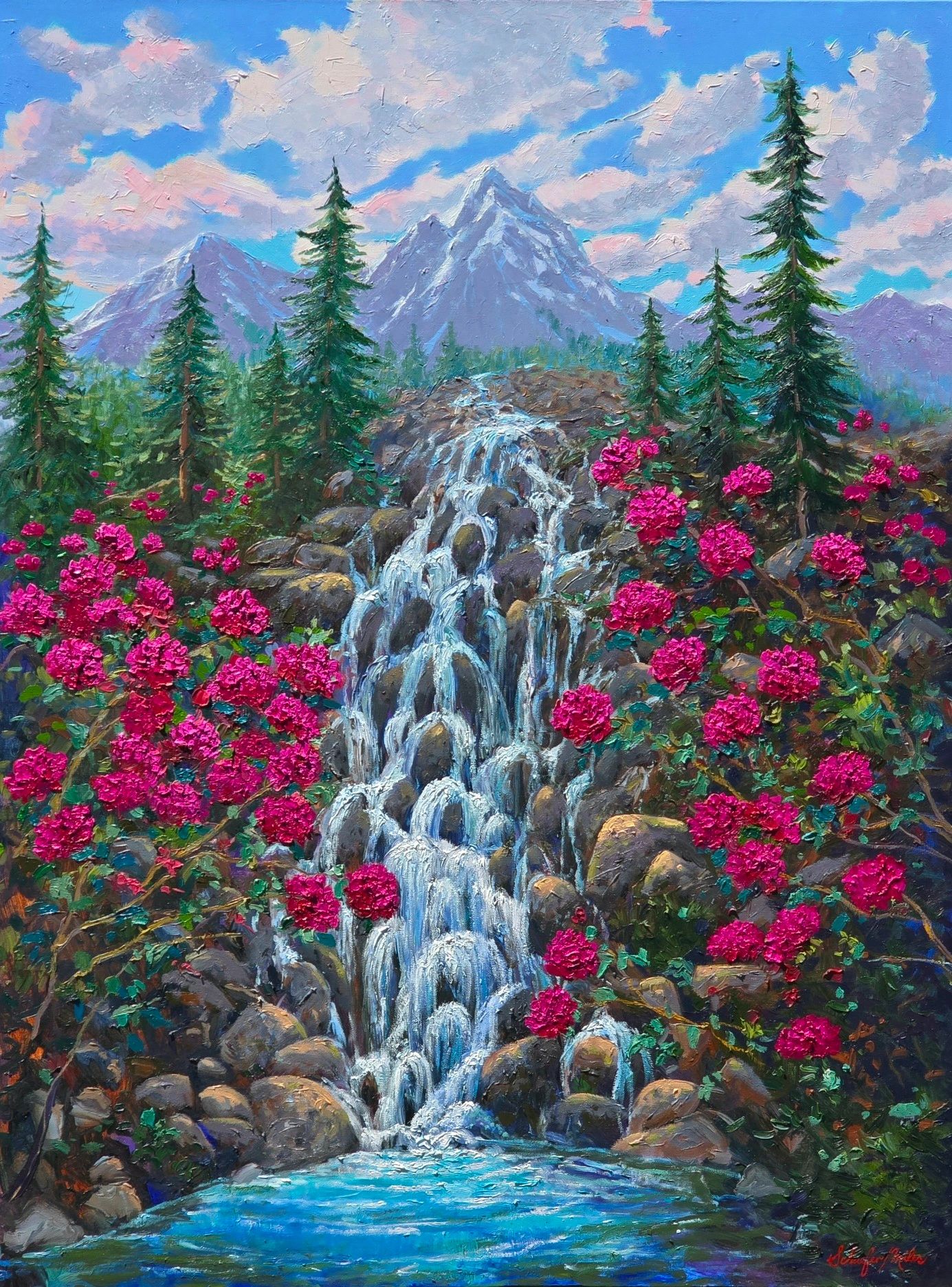 This painting of a waterfall, with colorful pink blooms cascading down a mountainside.

