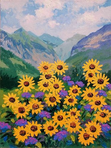 "Wildflowers Telluride" Oil painting Schaefer/Miles 12x9 beautiful black-eyed Susan's mountains. 