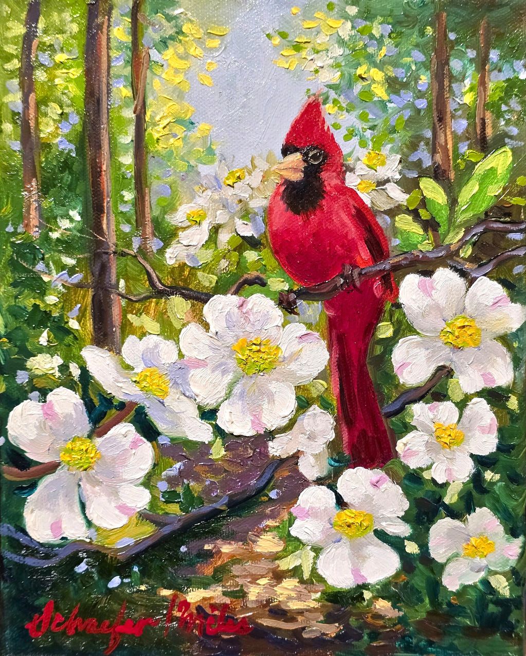 Cherished Memories 8x10 Oil painting of a Red Cardinal in the Dogwoods in spring with greens