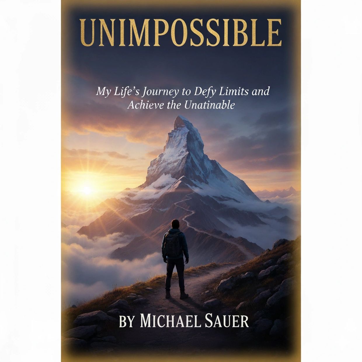 A lone hiker faces a towering mountain at sunrise, symbolizing an epic journey.