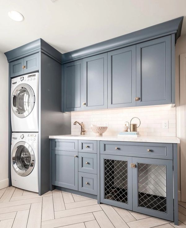 blue laundry room renovation, custom laundry room, laundry room renovation, stackable laundry