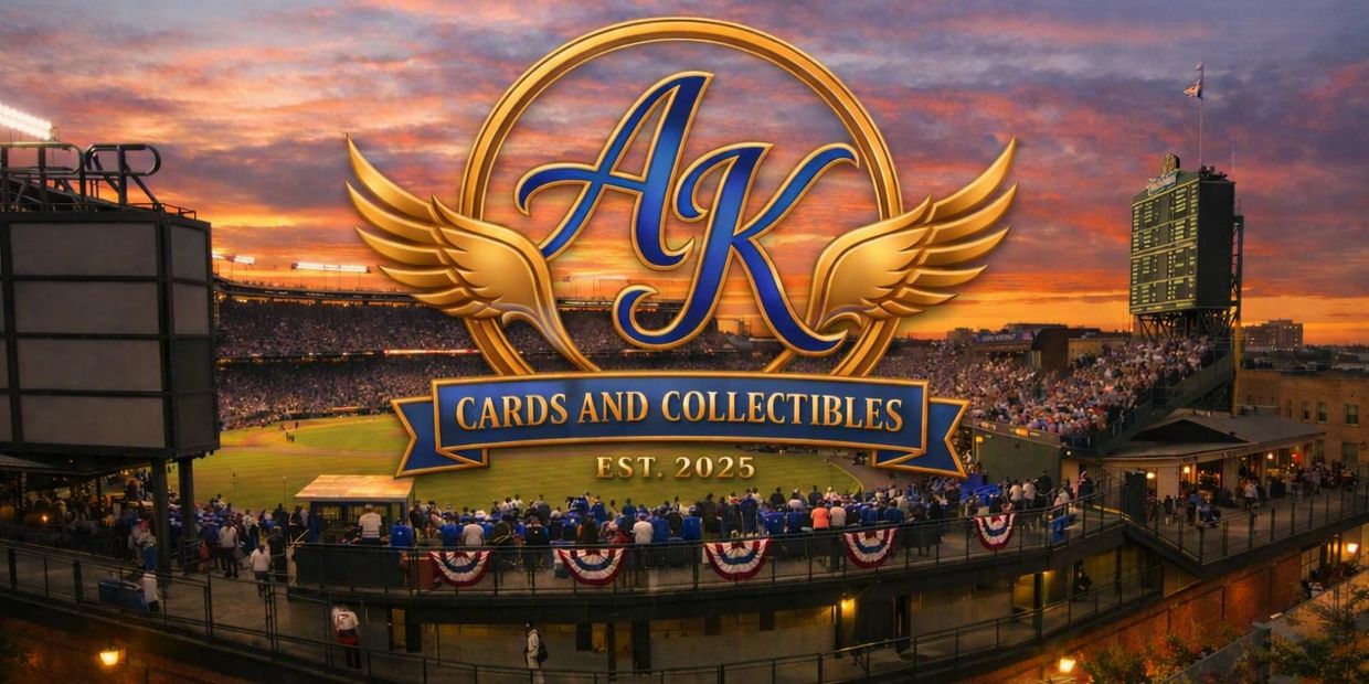 Sunset baseball stadium with AK Cards and Collectibles logo.