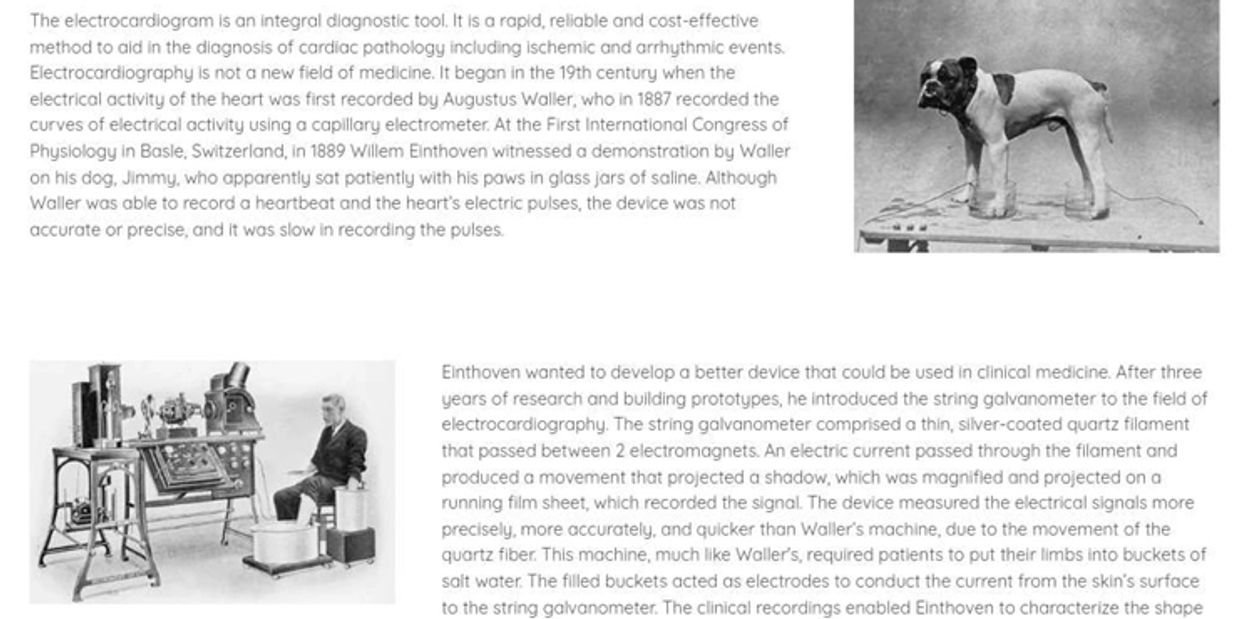 Historical images showing early electrocardiogram development with a dog and medical device prototypes.