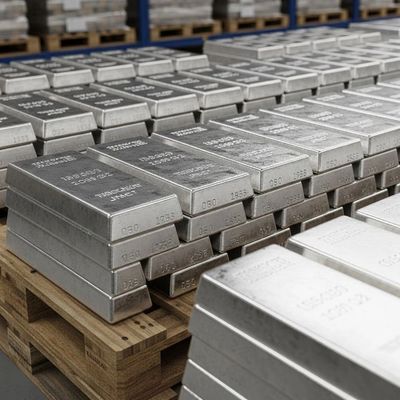 Stacks of silver bars neatly arranged on wooden pallets in a storage facility.