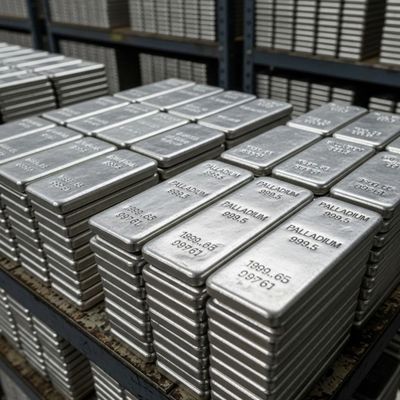 Stacks of palladium metal bars neatly arranged on shelves.
