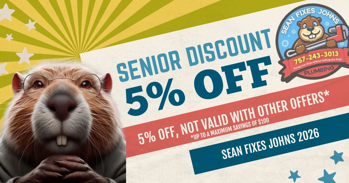 Senior discount 5% off on plumbing services by Sean Fixes Johns.