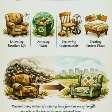 Illustration showing benefits of reupholstering furniture.