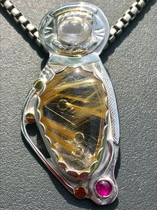 White Topaz Faceted, Rutilated Quartz, + Ruby Pendant Silver + 18kt Gold Pendant